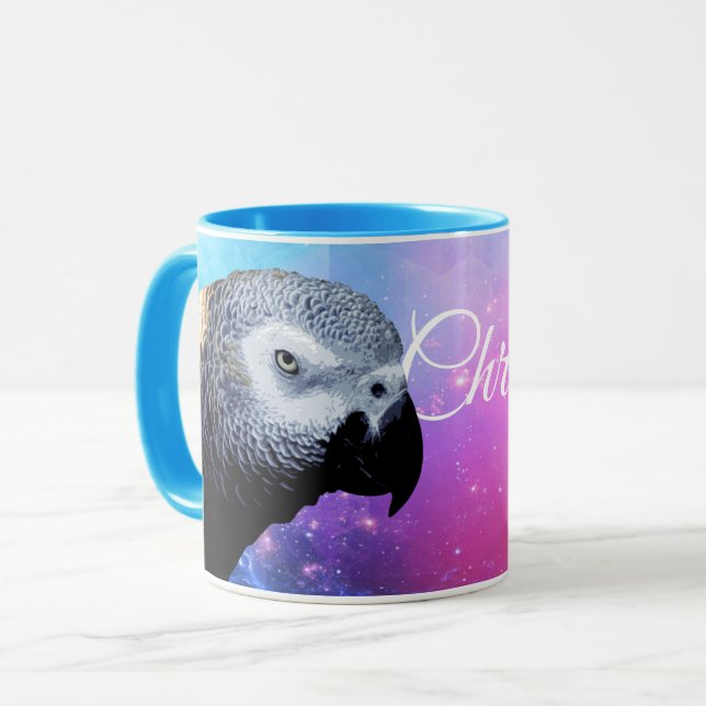Colorful Pink & Blue Name With African Grey Parrot Mug (Front Left)