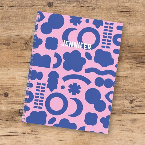 Colorful Pink Blue Organic Shapes Pattern w Name Notebook