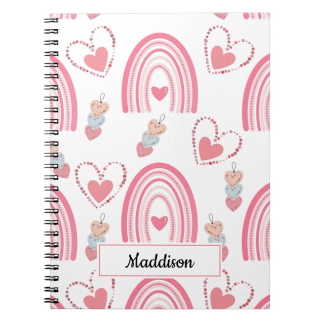 Colorful Pink Boho Rainbows and Hearts Notebook (Front)