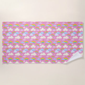 Colorful Pink Clouds and Rainbows Beach Towel