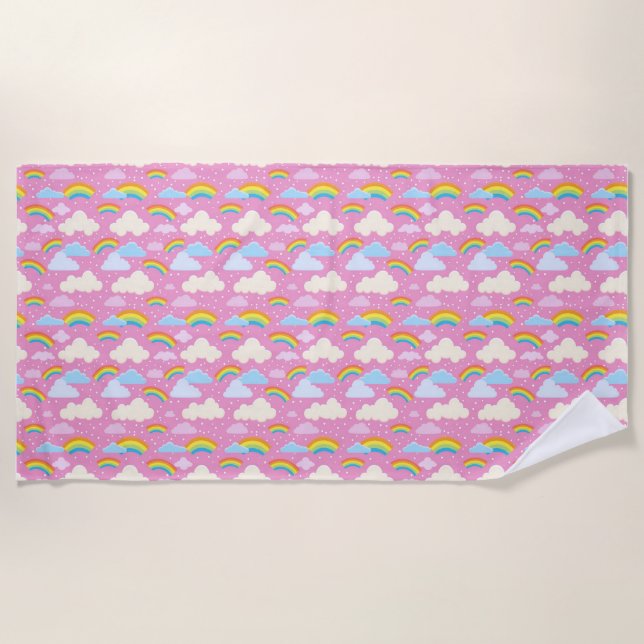 Colorful Pink Clouds and Rainbows Beach Towel (Front)