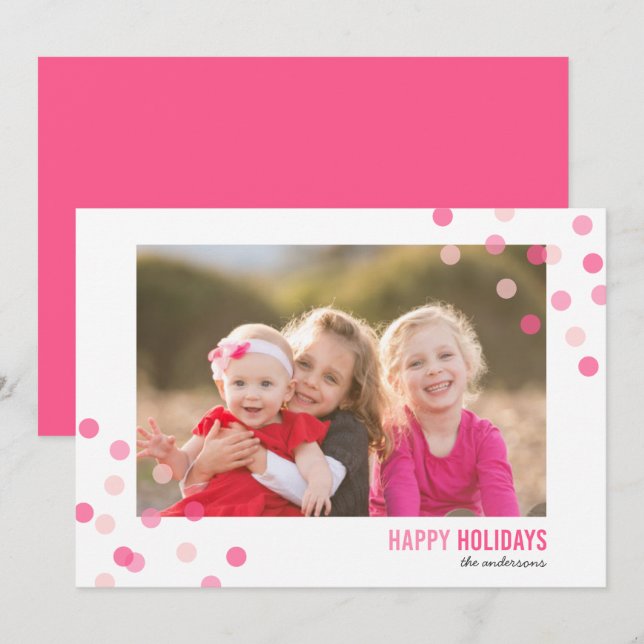 Colorful Pink Confetti Photo Happy Holidays Card (Front/Back)