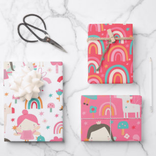 Colorful Pink Fairy And Rainbow Pattern Wrapping Paper Sheets