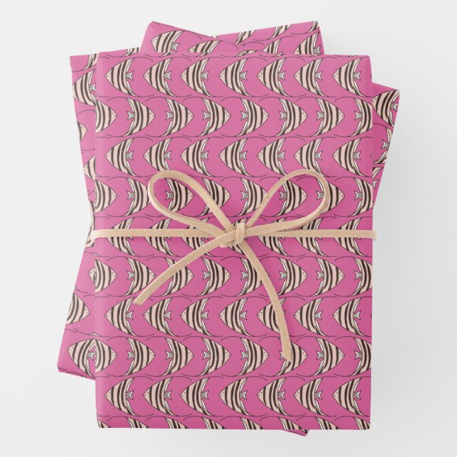 Colorful pink fish pattern wrapping paper sheets (In situ)