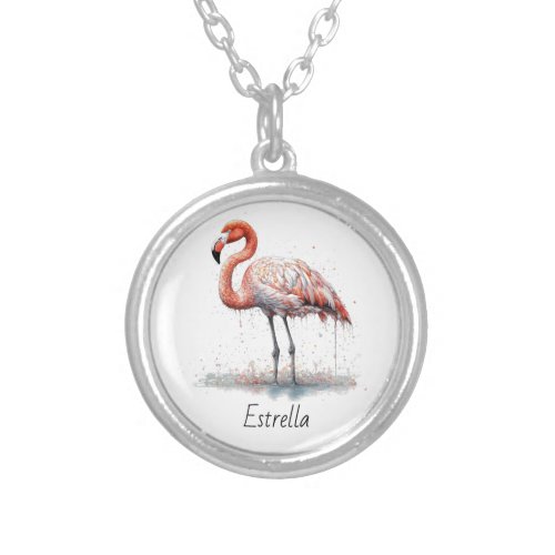 Colorful Pink Flamingo customizable Silver Plated Necklace