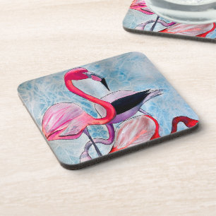 Colorful pink flamingo watercolor art beverage coaster