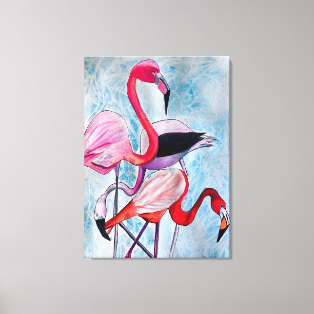 Colorful pink flamingo watercolor art canvas print (Front)