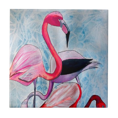 Colorful pink flamingo watercolor art ceramic tile