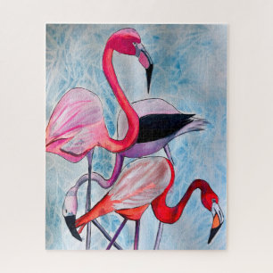 Colorful pink flamingo watercolor art jigsaw puzzle