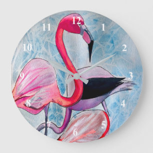 Colorful pink flamingo watercolor art large clock