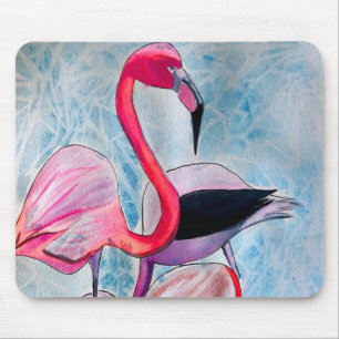 Colorful pink flamingo watercolor art mouse pad