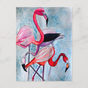 Colorful pink flamingo watercolor art postcard