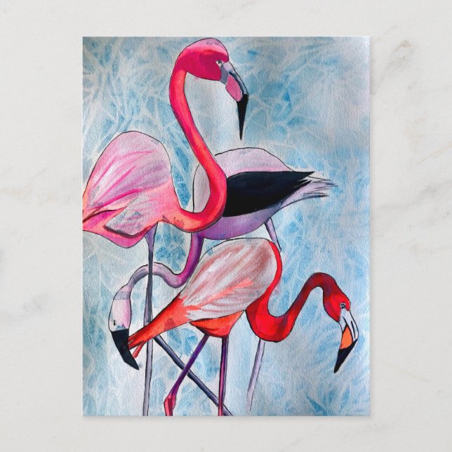 Colorful pink flamingo watercolor art postcard (Front)