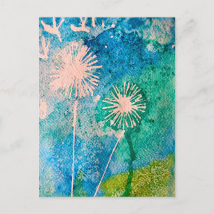 Colorful pink flamingo watercolor art postcard