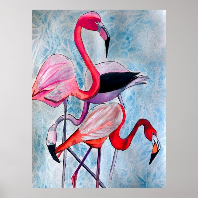 Colorful pink flamingo watercolor art poster (Front)