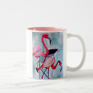 Colorful pink flamingo watercolor art Two-Tone coffee mug
