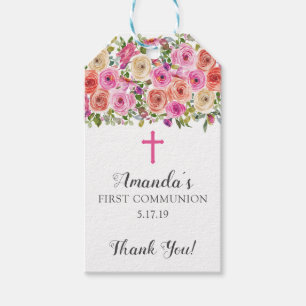 Colorful Pink Floral Holy Communion Favor Gift Tag