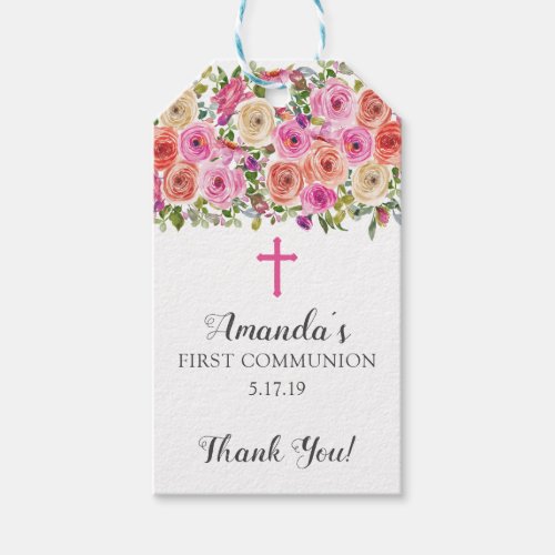Colorful Pink Floral Holy Communion Favor Gift Tag