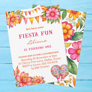 Colorful Pink Floral Mexican Fiesta 1st Birthday Invitation