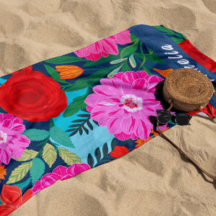 Colorful Pink floral Personalized Vacations Beach Towel