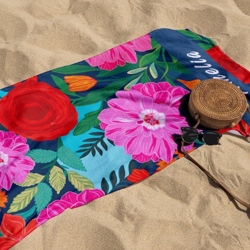 Colorful Pink floral Personalized Vacations Beach Towel