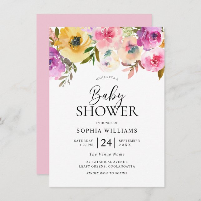 Colorful Pink Floral Watercolor Baby Shower Invitation (Front/Back)