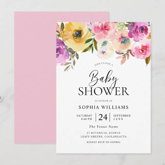 Colorful Pink Floral Watercolor Baby Shower Invitation | Zazzle