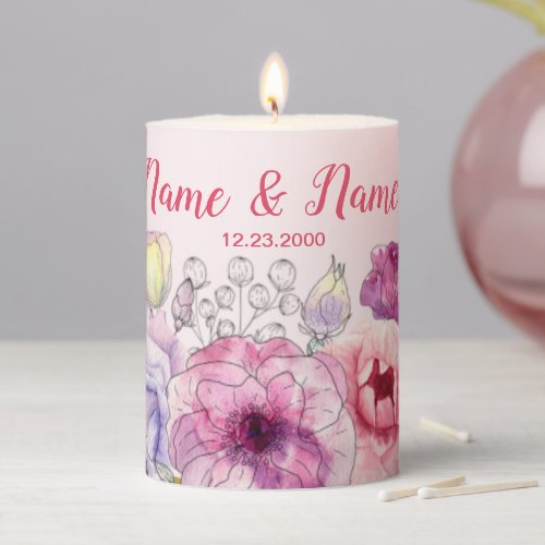 Colorful Pink Floral Wedding Party Pillar Candle