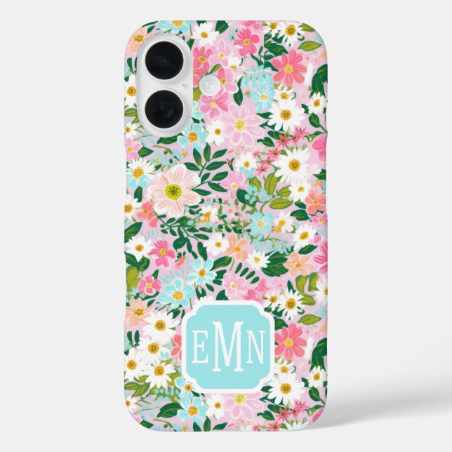 Colorful Pink Flower Garden Monogrammed Case-Mate iPhone Case (Back)