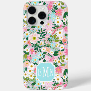 Colorful Pink Flower Garden Monogrammed iPhone 15 Pro Max Case
