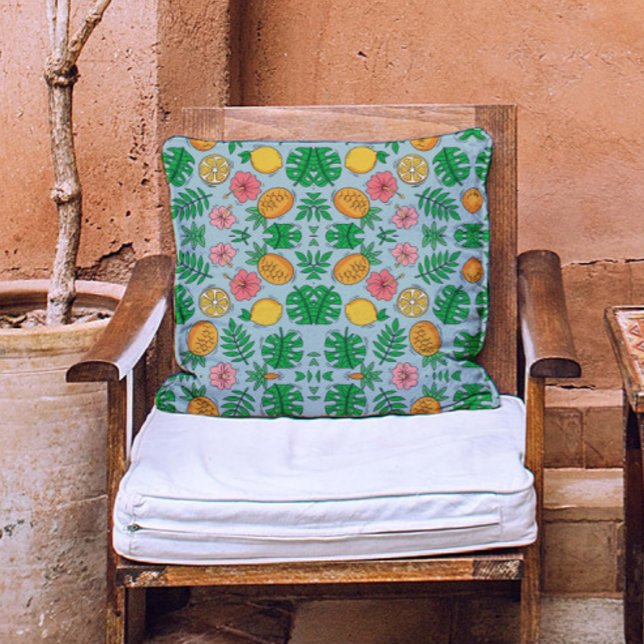 Colorful pink flower pineapple lemon pattern Blue Throw Pillow (Creator Uploaded)