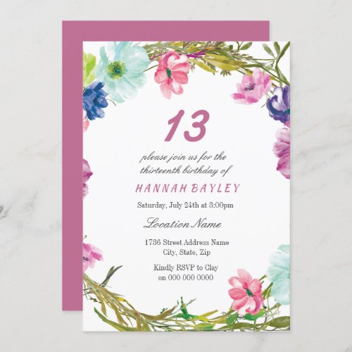 Colorful Pink Flowers Girls 13th Birthday Party Invitation