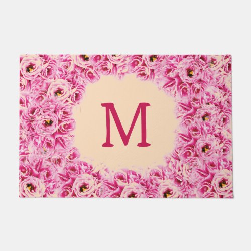 Colorful pink flowers monogram doormat