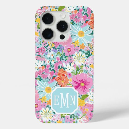 Colorful Pink Garden Monogrammed iPhone 15 Pro Case