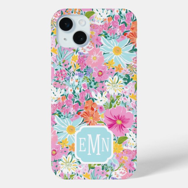 Colorful Pink Garden Monogrammed Case-Mate iPhone Case (Back)