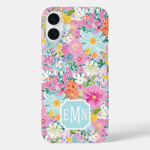 Colorful Pink Garden Monogrammed iPhone 16 Plus Case