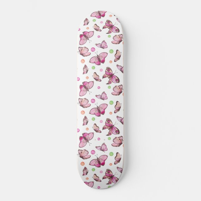 Colorful Pink Girly Butterflies Pattern Skateboard (Front)