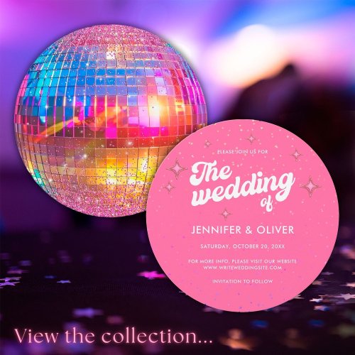 Colorful Pink Glitter Disco Ball Groovy Wedding Invitation