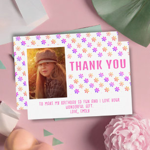 Colorful Pink Glitter Flowers Birthday Girl Photo Thank You Card