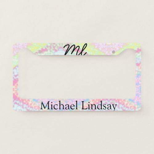 Colorful pink glittersparkle stars add your name license plate frame