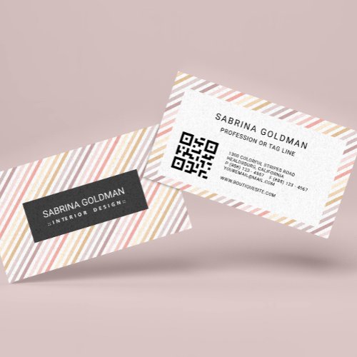 Colorful Pink Gray Stripes Pastel Colors QR CODE Business Card