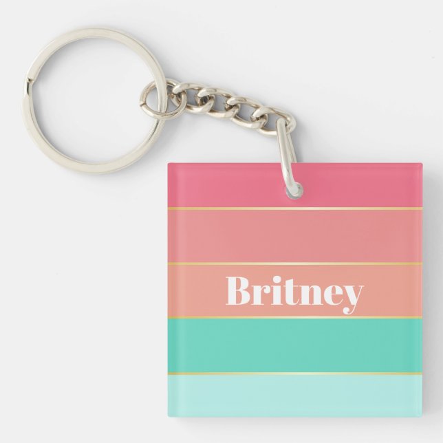 Colorful Pink Green Personalized Color Stripes Keychain (Front)
