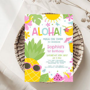Colorful Pink Green Pineapple Aloha Birthday Invitation