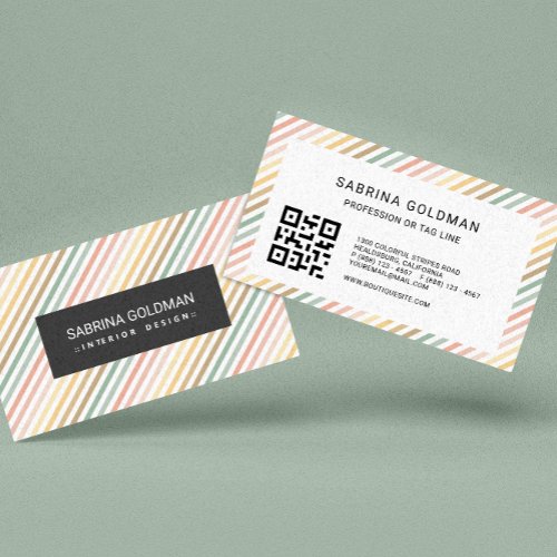 Colorful  Pink Green Stripes Pastel Colors QR CODE Business Card