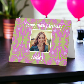 Colorful Pink Happy Birthday Photo Card Custom Age