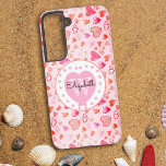 Colorful Pink Heart Pattern Monogram White Heart  Samsung Galaxy S22 Case<br><div class="desc">This chic phone case features a watercolor pastel hearts background and pink heart and polka dot design with first name and initial letter monogram. Personalize the text fields with a first or last name and initial, remove the text or edit using the design tool to select a font style, size,...</div>