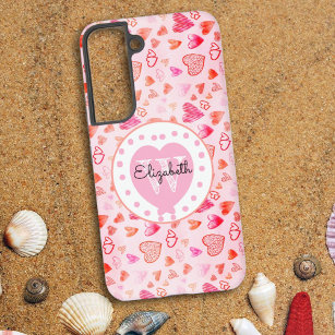 Colorful Pink Heart Pattern Monogram White Heart  Samsung Galaxy S22 Case