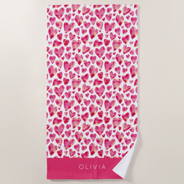 Colorful Pink Heart Pattern Personalized Beach Towel (Front)
