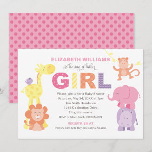 Colorful Pink Jungle Animals Girl Shower Invitation