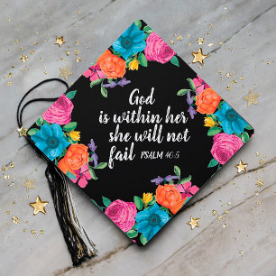 Colorful Pink Orange Blue Floral Black Christian Graduation Cap Topper